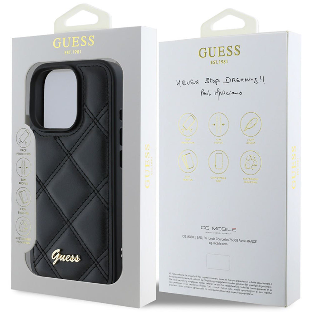 Étui pour Apple iPhone 16 Pro, Guess, Logo Métallique Matelassé, Noir