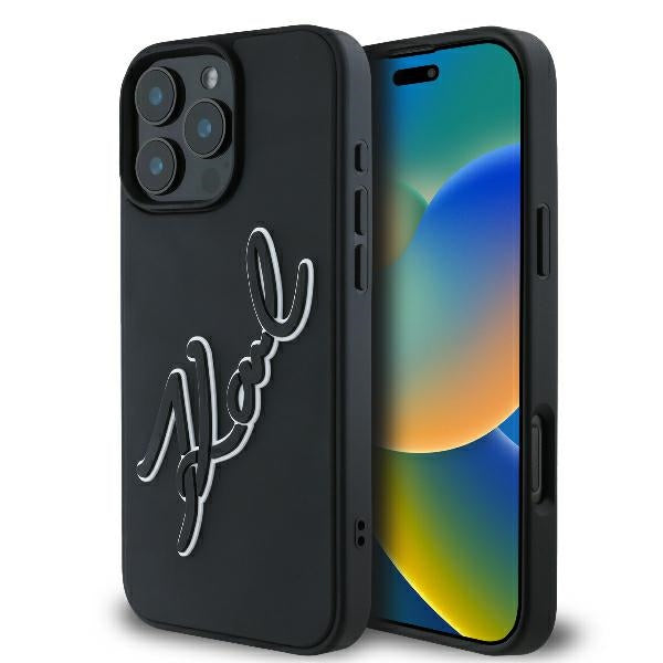 Étui pour Apple iPhone 16 Pro, Karl Lagerfeld, Signature en Caoutchouc 3D, Noir