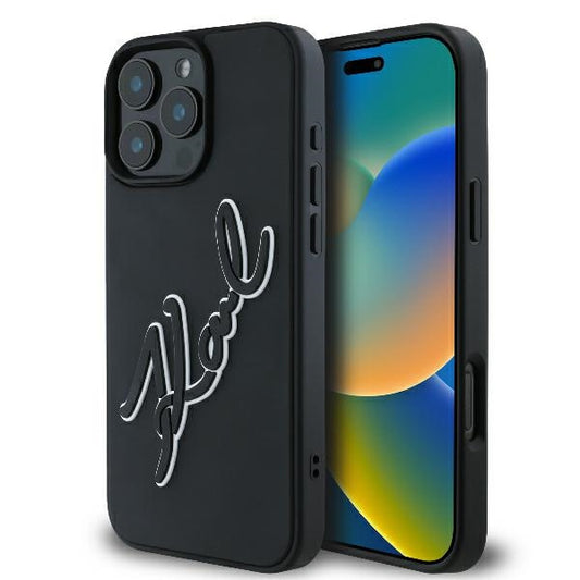 Étui pour Apple iPhone 16 Pro, Karl Lagerfeld, Signature en Caoutchouc 3D, Noir