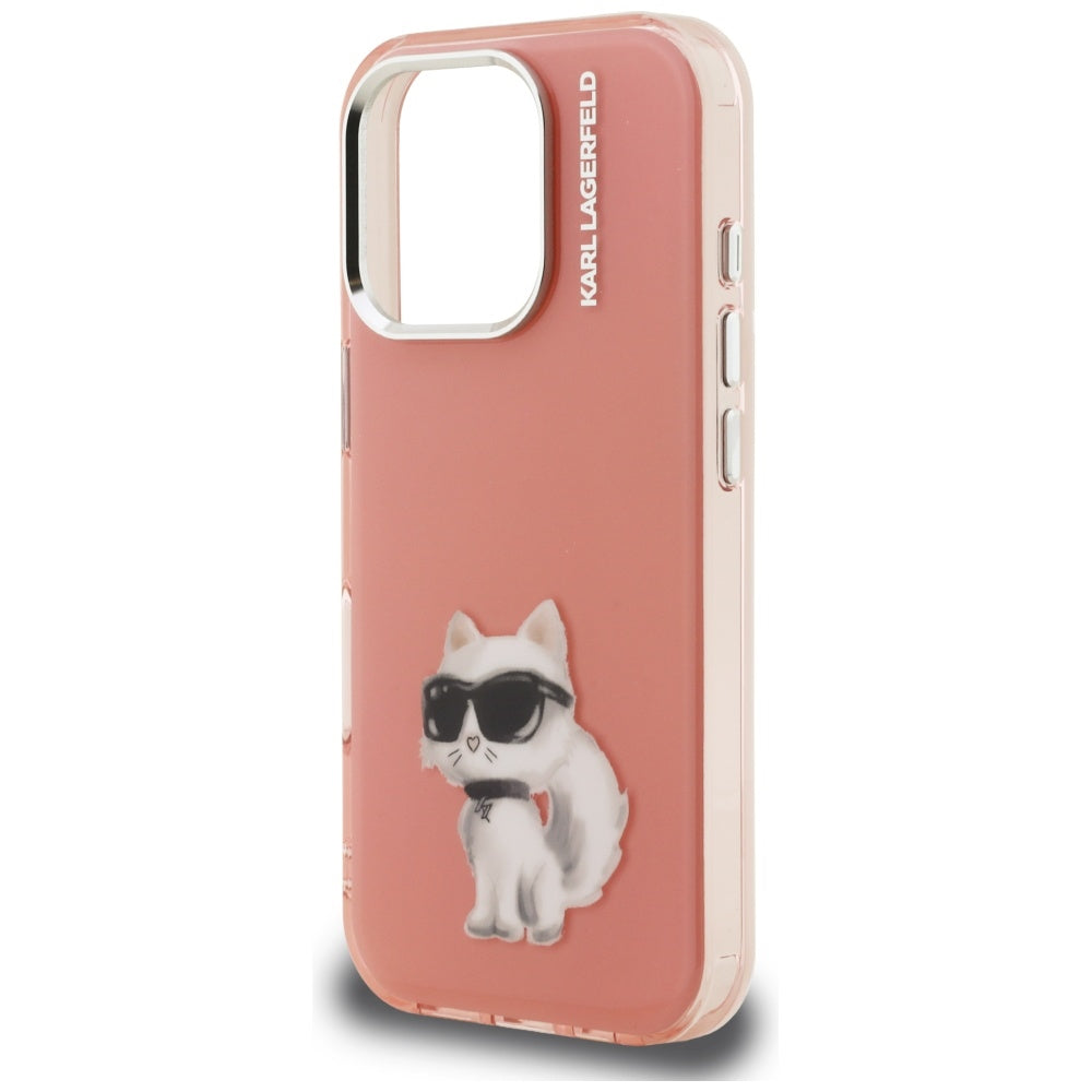 Étui pour Apple iPhone 16 Pro, Karl Lagerfeld, IML Aquarelle Logo Choupette, Rose