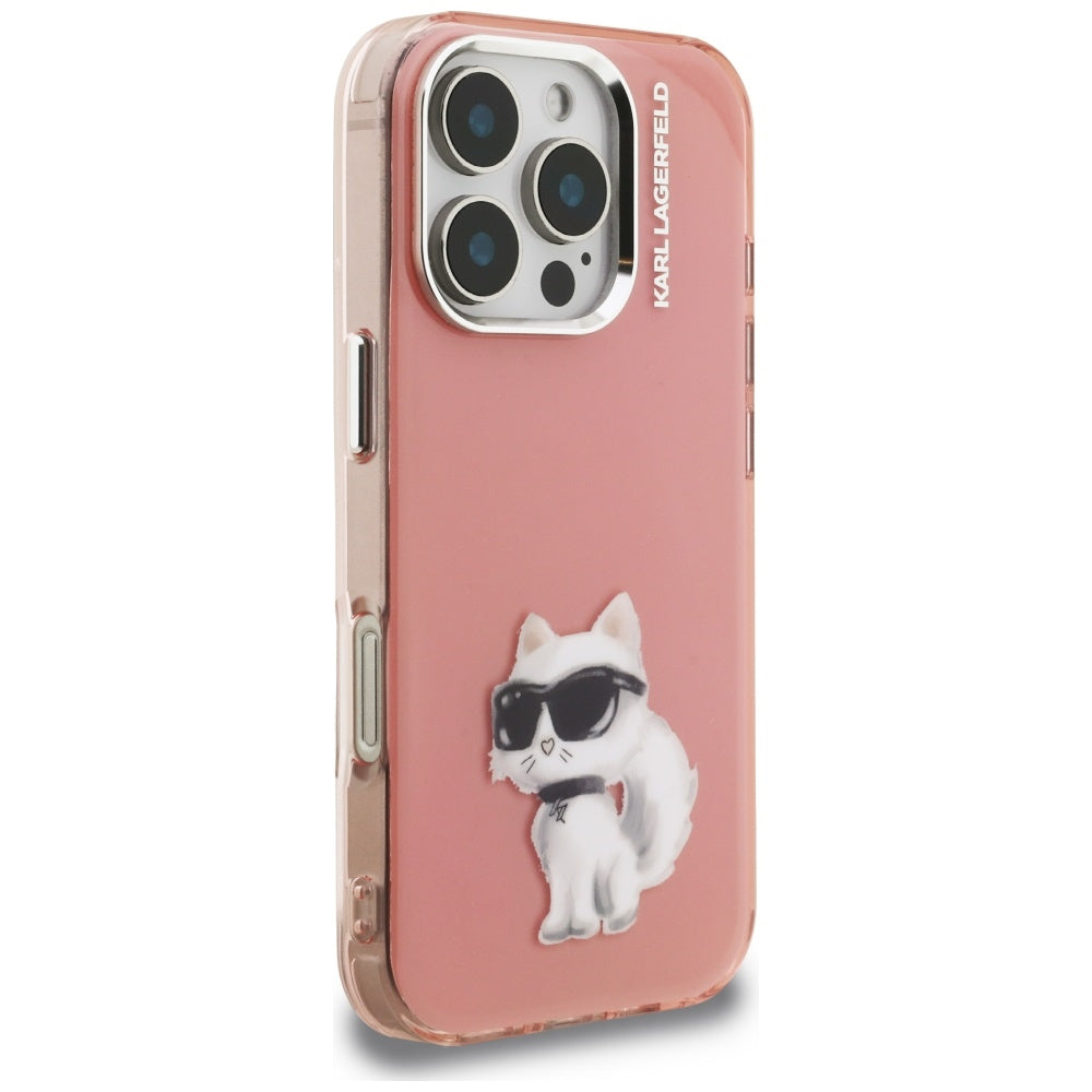 Étui pour Apple iPhone 16 Pro, Karl Lagerfeld, IML Aquarelle Logo Choupette, Rose