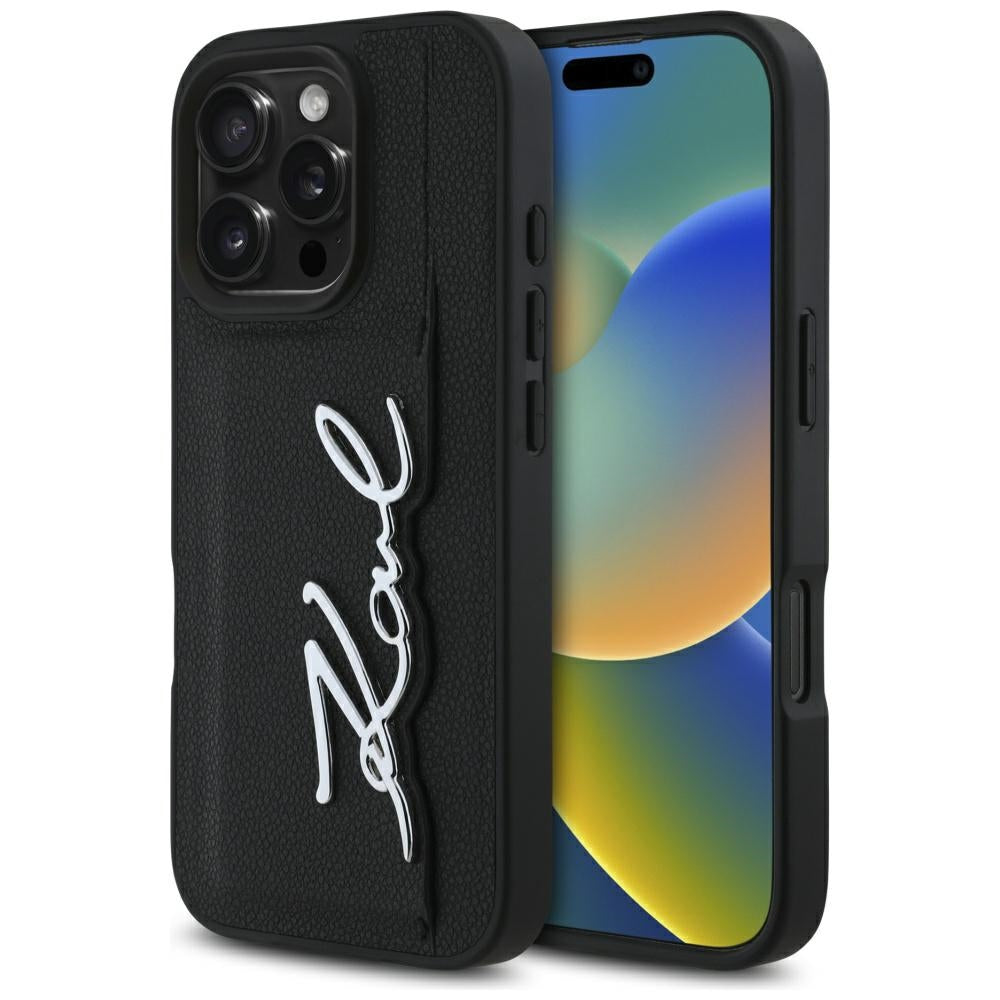 Étui pour Apple iPhone 16 Pro, Karl Lagerfeld, Signature Métallique, Noir