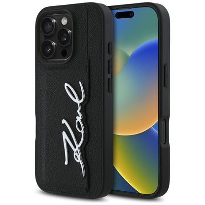 Étui pour Apple iPhone 16 Pro, Karl Lagerfeld, Signature Métallique, Noir