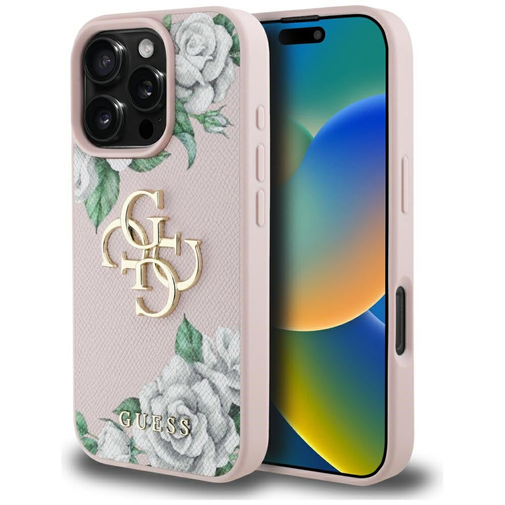 Étui pour Apple iPhone 16 Pro Max, Guess, 4G Grained Roses Big Logo, Rose