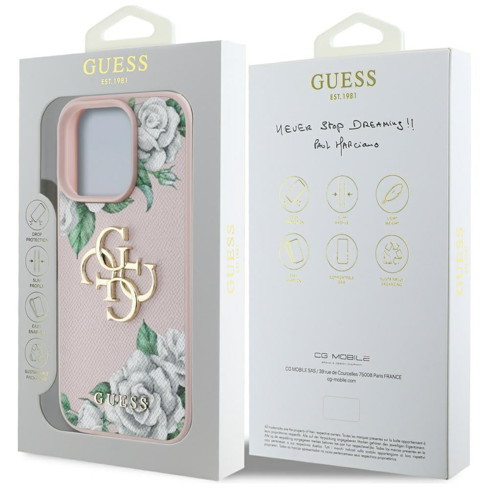 Étui pour Apple iPhone 16 Pro Max, Guess, 4G Grained Roses Big Logo, Rose