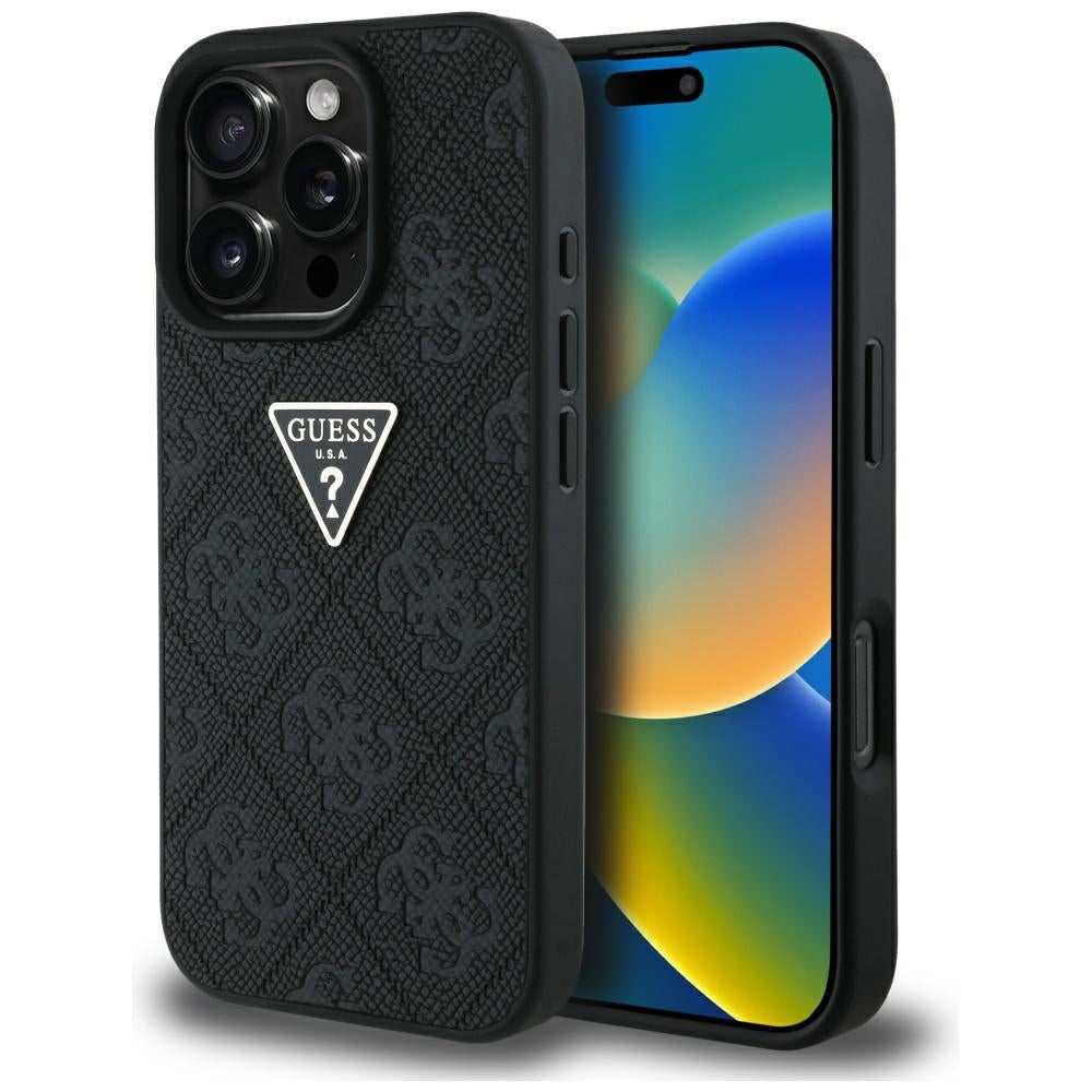 Étui pour Apple iPhone 16 Pro Max, Guess, Hot Stamp 4G Pattern Triangle Logo, Noir