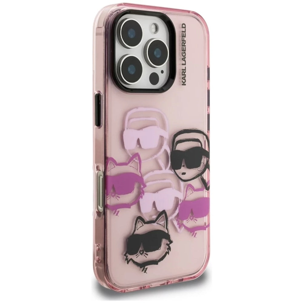 Étui pour Apple iPhone 16 Pro Max, Karl Lagerfeld, IML Luxury Multi Head Pattern, Rose
