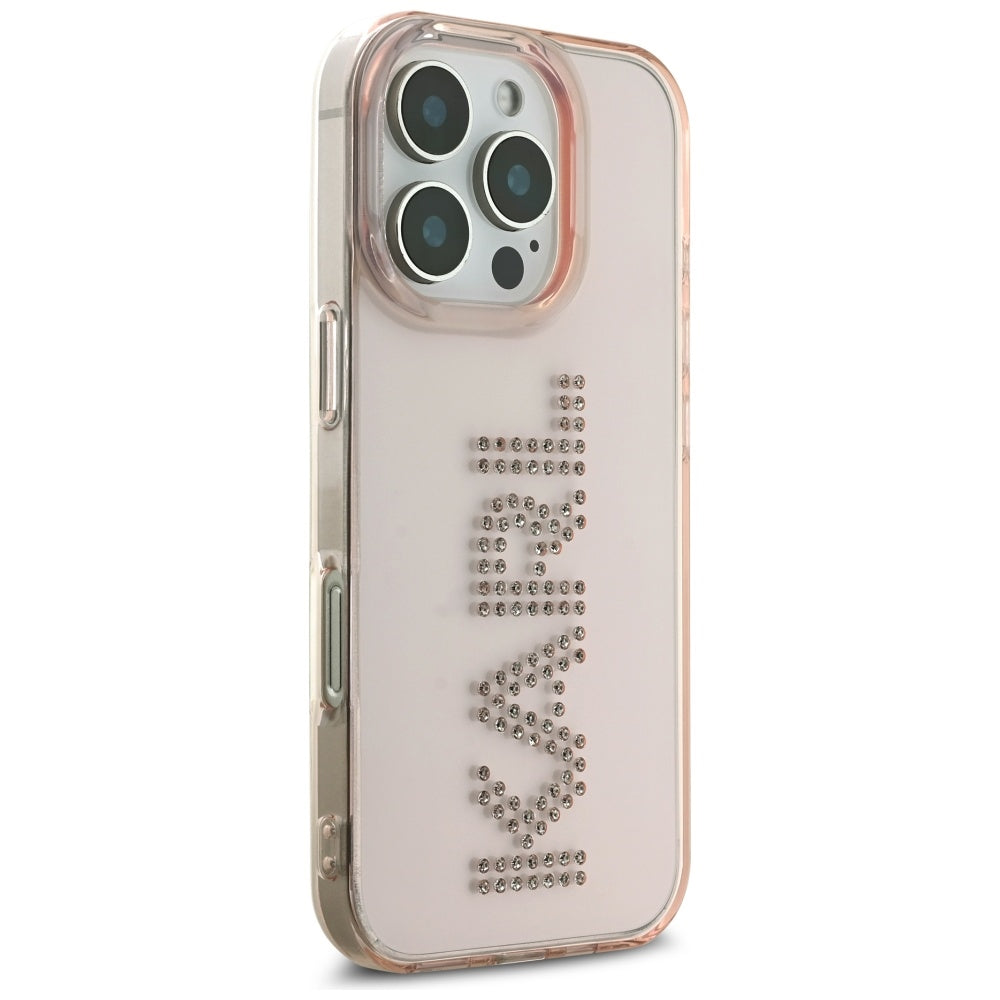 Étui pour Apple iPhone 16 Pro Max, Karl Lagerfeld, IML Rhinestones Pink Logo, Rose