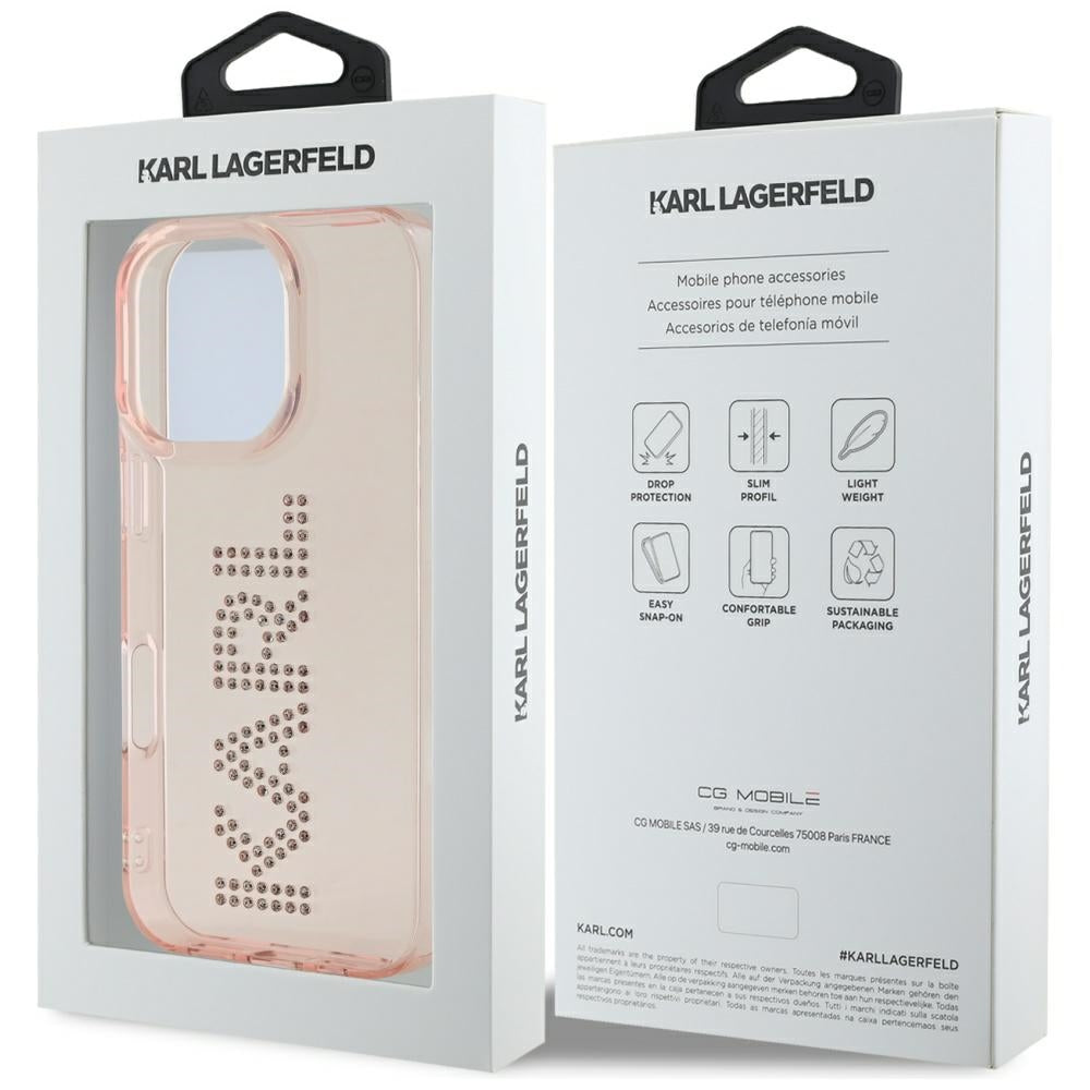 Étui pour Apple iPhone 16 Pro Max, Karl Lagerfeld, IML Rhinestones Pink Logo, Rose