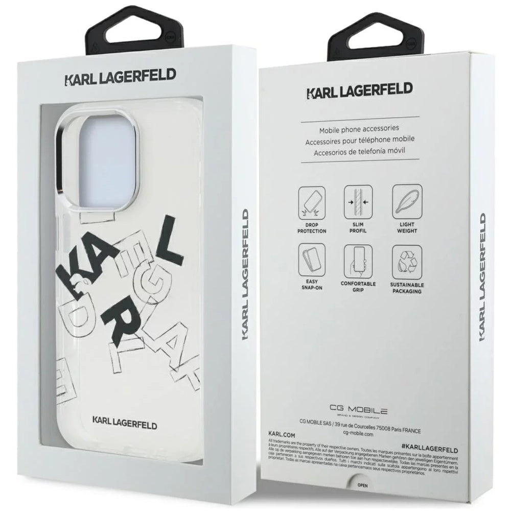 Étui pour Apple iPhone 16 Pro Max, Karl Lagerfeld, Logo Graphique Esquissé IML, Transparent