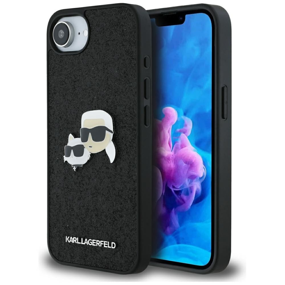 Housse pour Apple iPhone 16e, Karl Lagerfeld, Glitter Fixed Karl & Choupette's Heads, Bleue