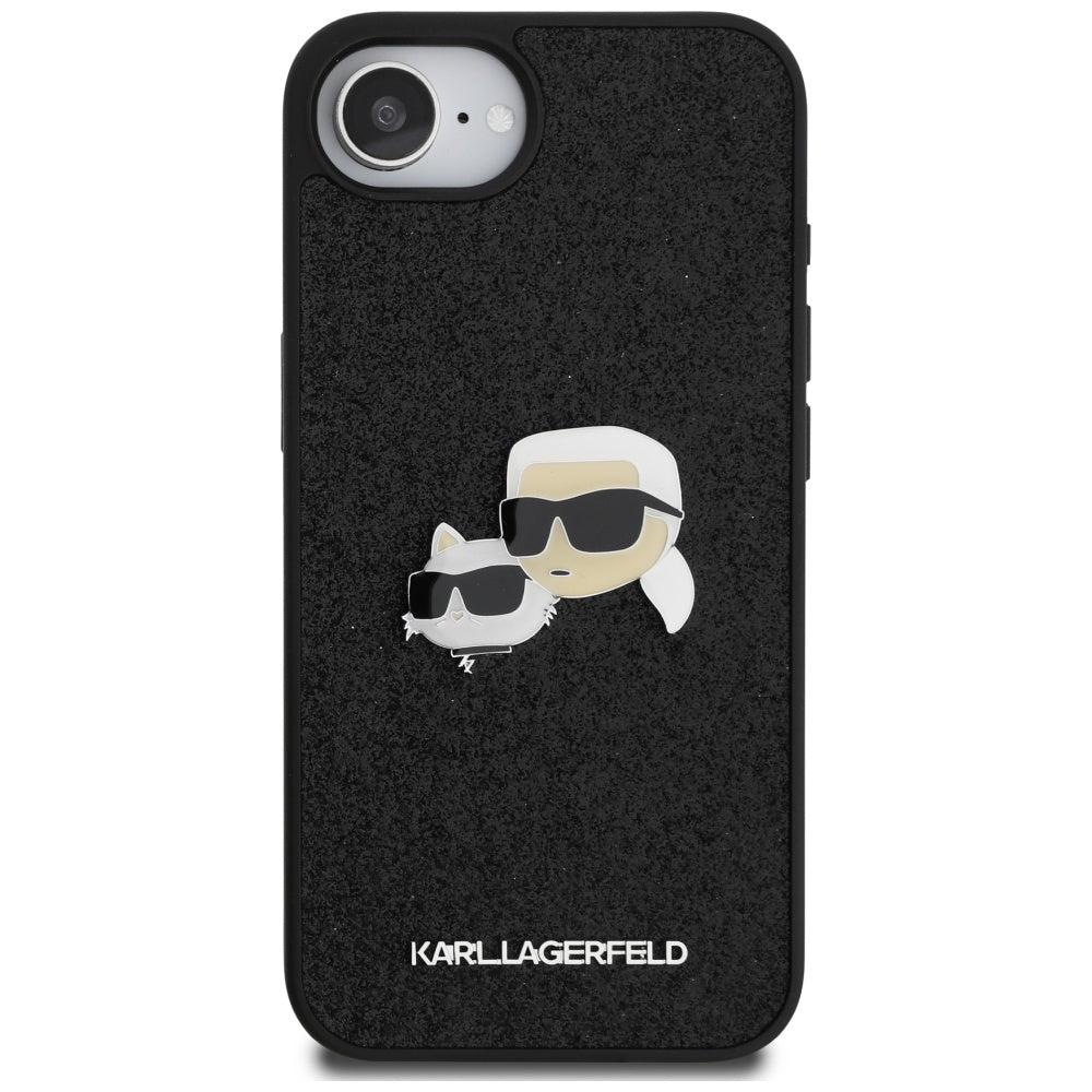 Housse pour Apple iPhone 16e, Karl Lagerfeld, Glitter Fixed Karl & Choupette's Heads, Bleue