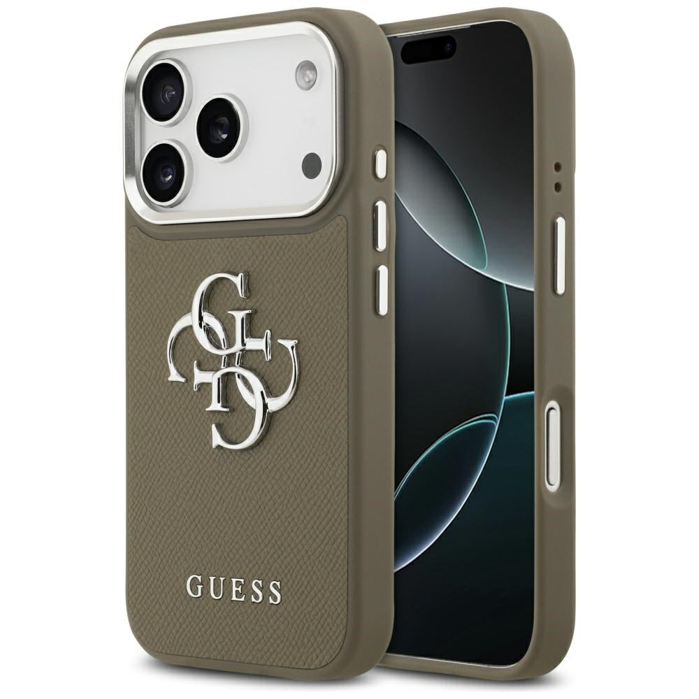 Étui pour Apple iPhone 17 Pro, Guess, 4G Grained Big And Classic Logo, Marron Argenté