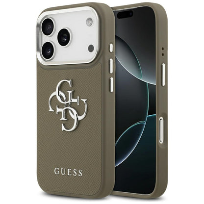Étui pour Apple iPhone 17 Pro, Guess, 4G Grained Big And Classic Logo, Marron Argenté
