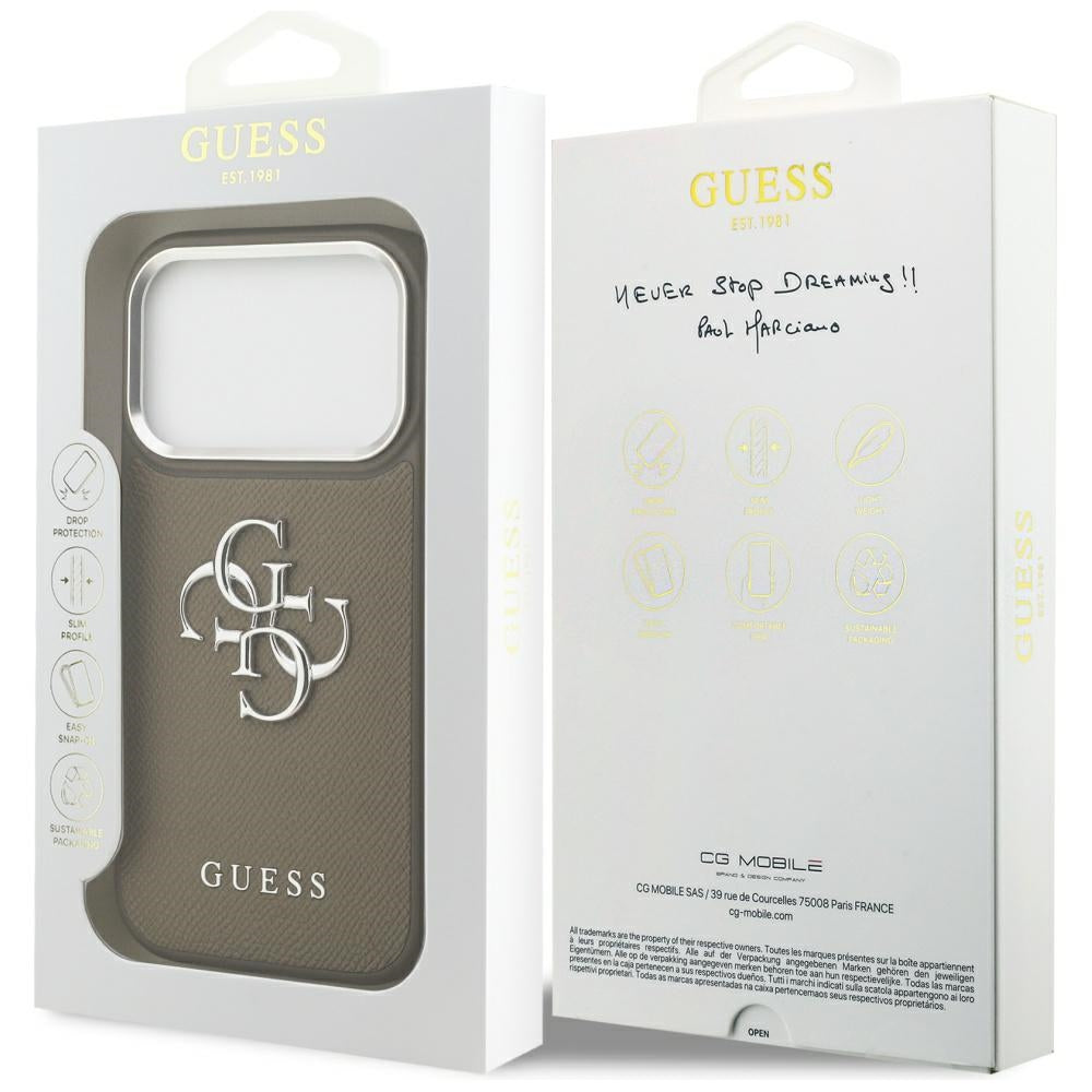 Étui pour Apple iPhone 17 Pro, Guess, 4G Grained Big And Classic Logo, Marron Argenté