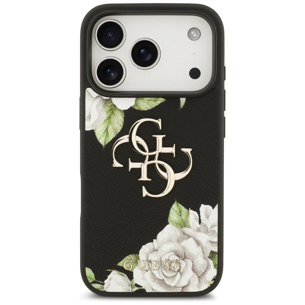 Étui pour Apple iPhone 17 Pro, Guess, 4G Grained Roses Big Logo, Noir
