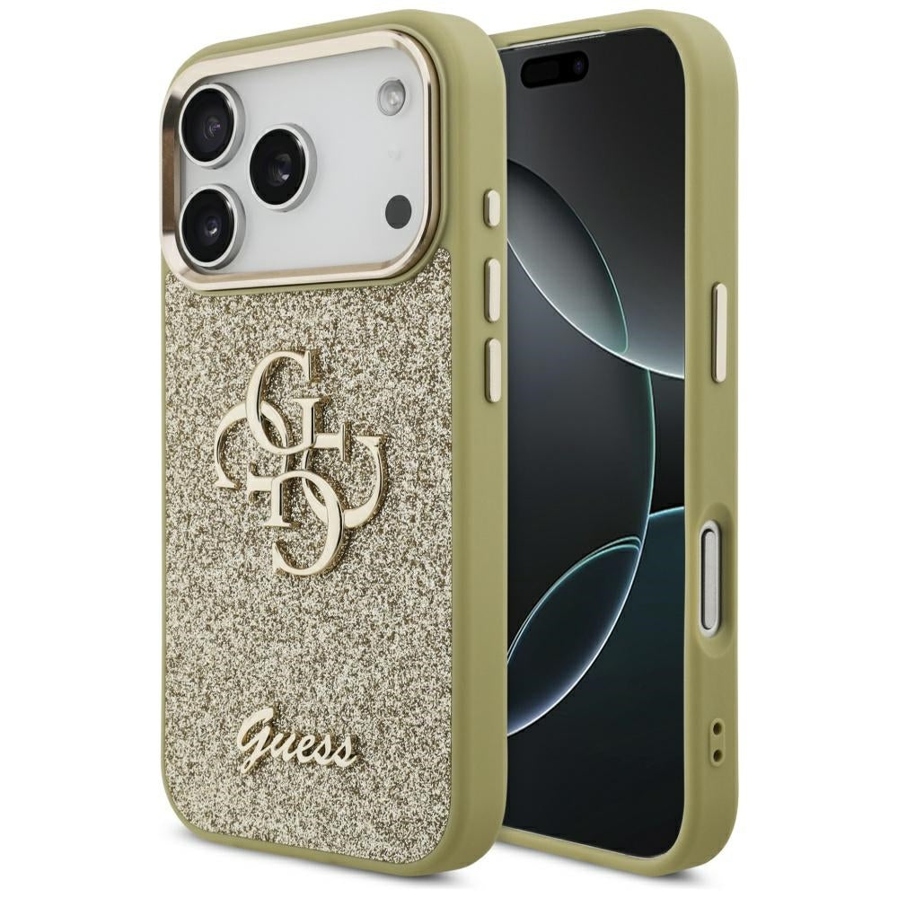 Étui pour Apple iPhone 17 Pro, Guess, Fixed Glitter Big 4G Metal Frame, Doré