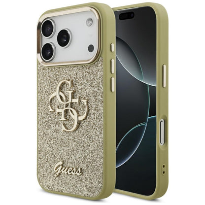 Étui pour Apple iPhone 17 Pro, Guess, Fixed Glitter Big 4G Metal Frame, Doré