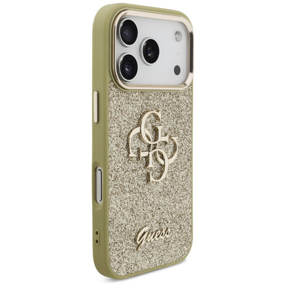 Étui pour Apple iPhone 17 Pro, Guess, Fixed Glitter Big 4G Metal Frame, Doré