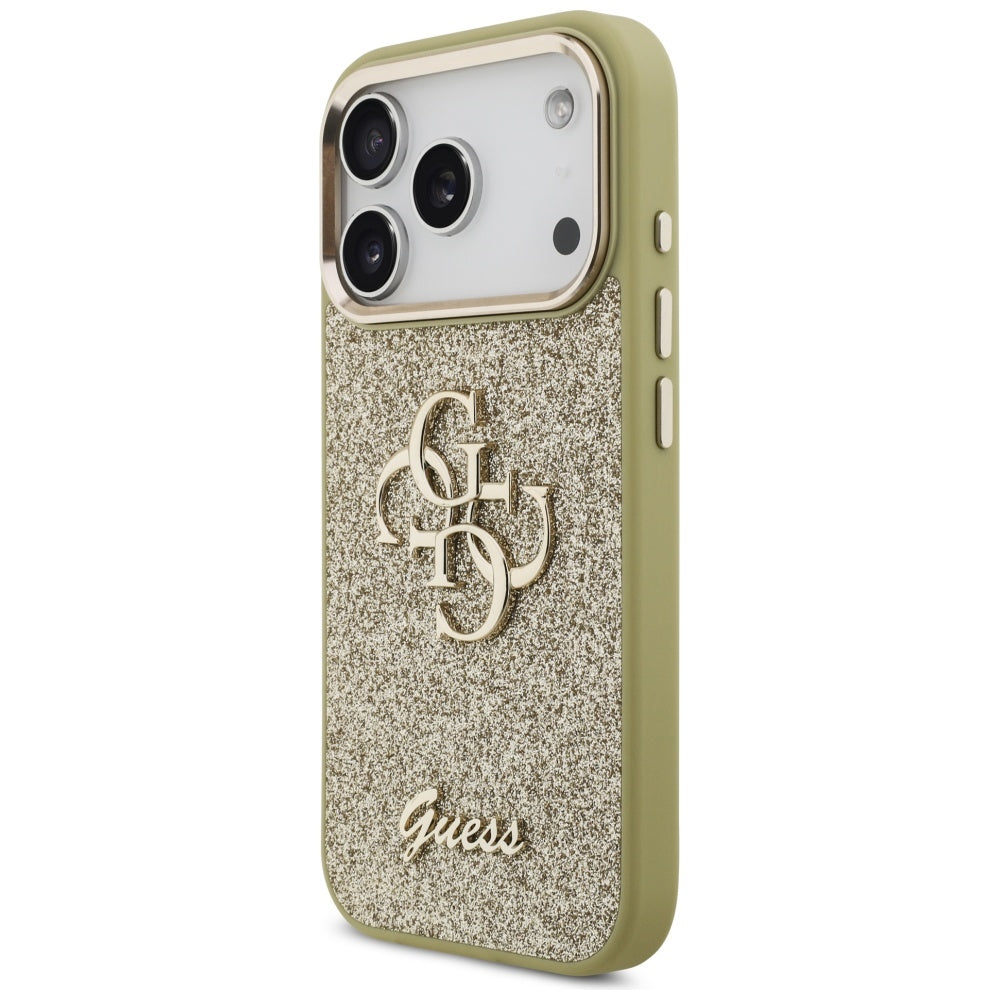 Étui pour Apple iPhone 17 Pro, Guess, Fixed Glitter Big 4G Metal Frame, Doré