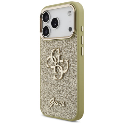 Étui pour Apple iPhone 17 Pro, Guess, Fixed Glitter Big 4G Metal Frame, Doré