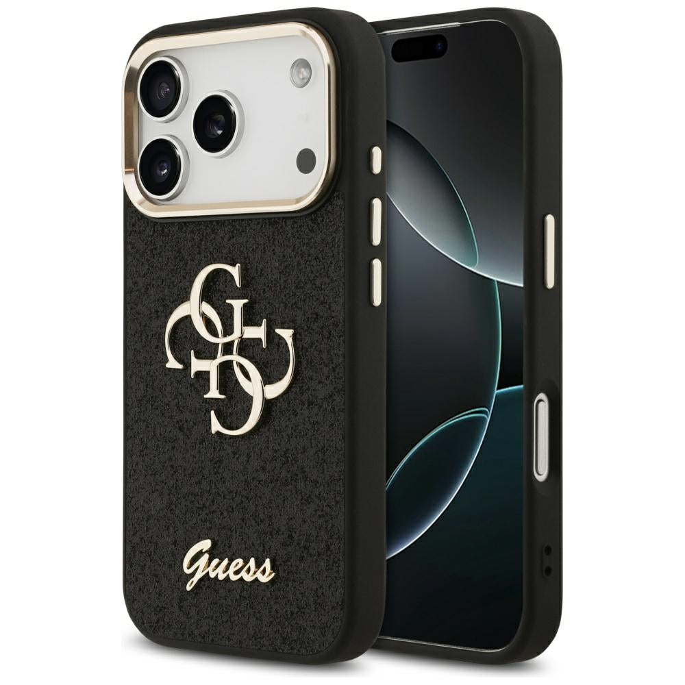 Case for Apple iPhone 17 Pro, Guess, Fixed Glitter Big 4G Metal Frame, Black