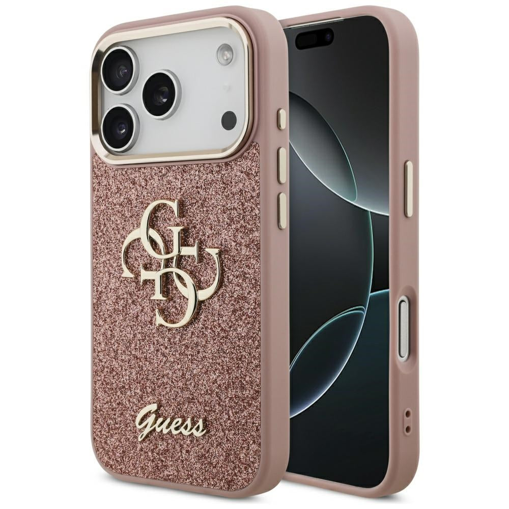 Case for Apple iPhone 17 Pro, Guess, Fixed Glitter Big 4G Metal Frame, Pink