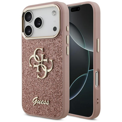 Case for Apple iPhone 17 Pro, Guess, Fixed Glitter Big 4G Metal Frame, Pink
