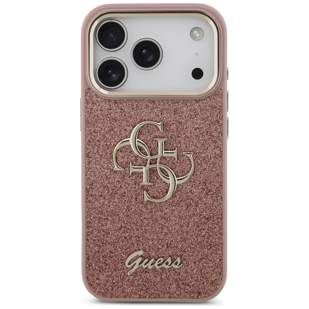 Case for Apple iPhone 17 Pro, Guess, Fixed Glitter Big 4G Metal Frame, Pink