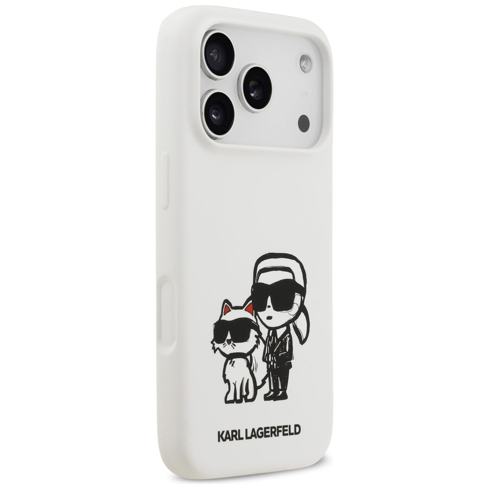 Étui pour Apple iPhone 17 Pro, Karl Lagerfeld, Sketch and Logo Karl & Choupette, Blanc