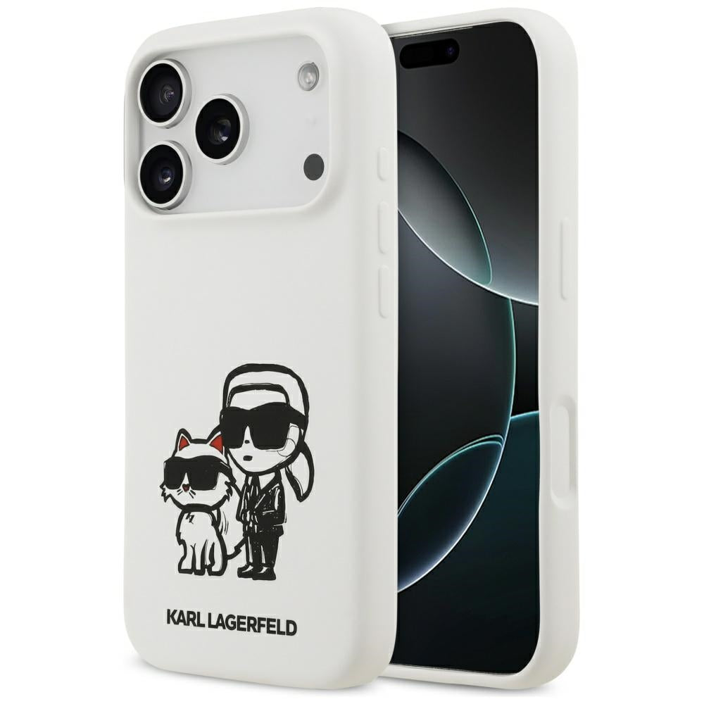 Étui pour Apple iPhone 17 Pro, Karl Lagerfeld, Sketch and Logo Karl & Choupette, Blanc