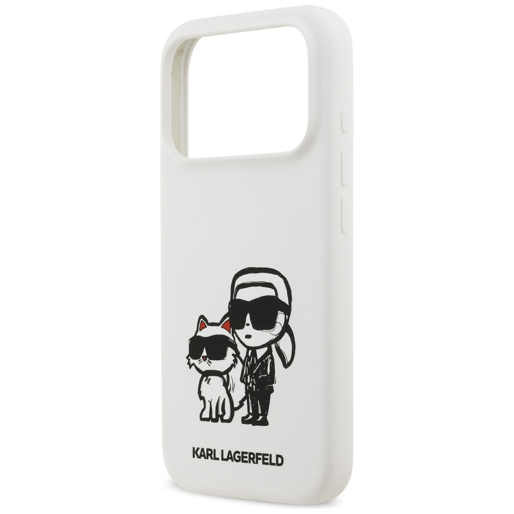 Étui pour Apple iPhone 17 Pro, Karl Lagerfeld, Sketch and Logo Karl & Choupette, Blanc