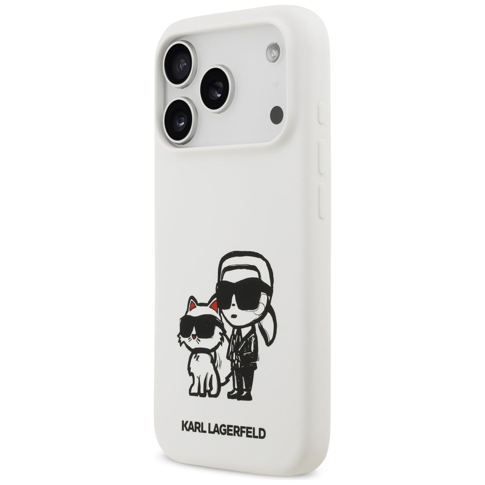 Étui pour Apple iPhone 17 Pro, Karl Lagerfeld, Sketch and Logo Karl & Choupette, Blanc