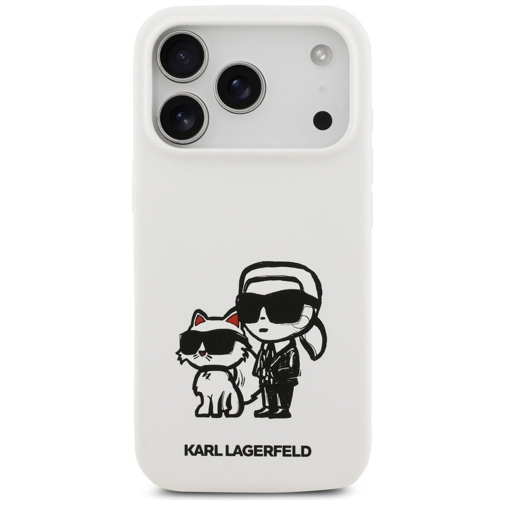 Étui pour Apple iPhone 17 Pro, Karl Lagerfeld, Sketch and Logo Karl & Choupette, Blanc