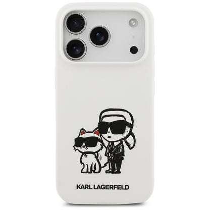 Étui pour Apple iPhone 17 Pro, Karl Lagerfeld, Sketch and Logo Karl & Choupette, Blanc