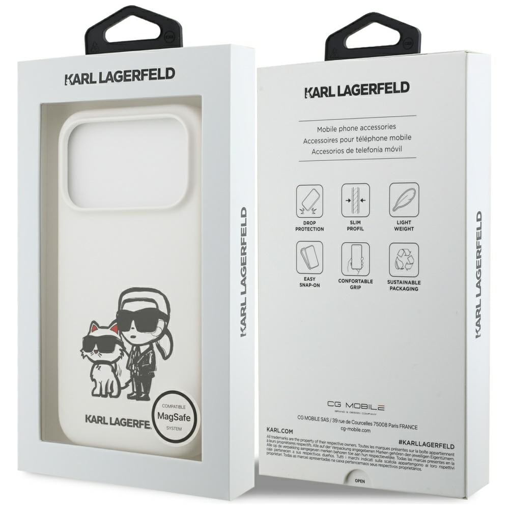 Étui pour Apple iPhone 17 Pro, Karl Lagerfeld, Sketch and Logo Karl & Choupette, Blanc