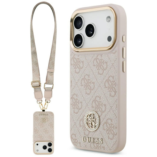Étui pour Apple iPhone 17 Pro Max, Guess, 4G Strass Logo et Big Strap, Rose