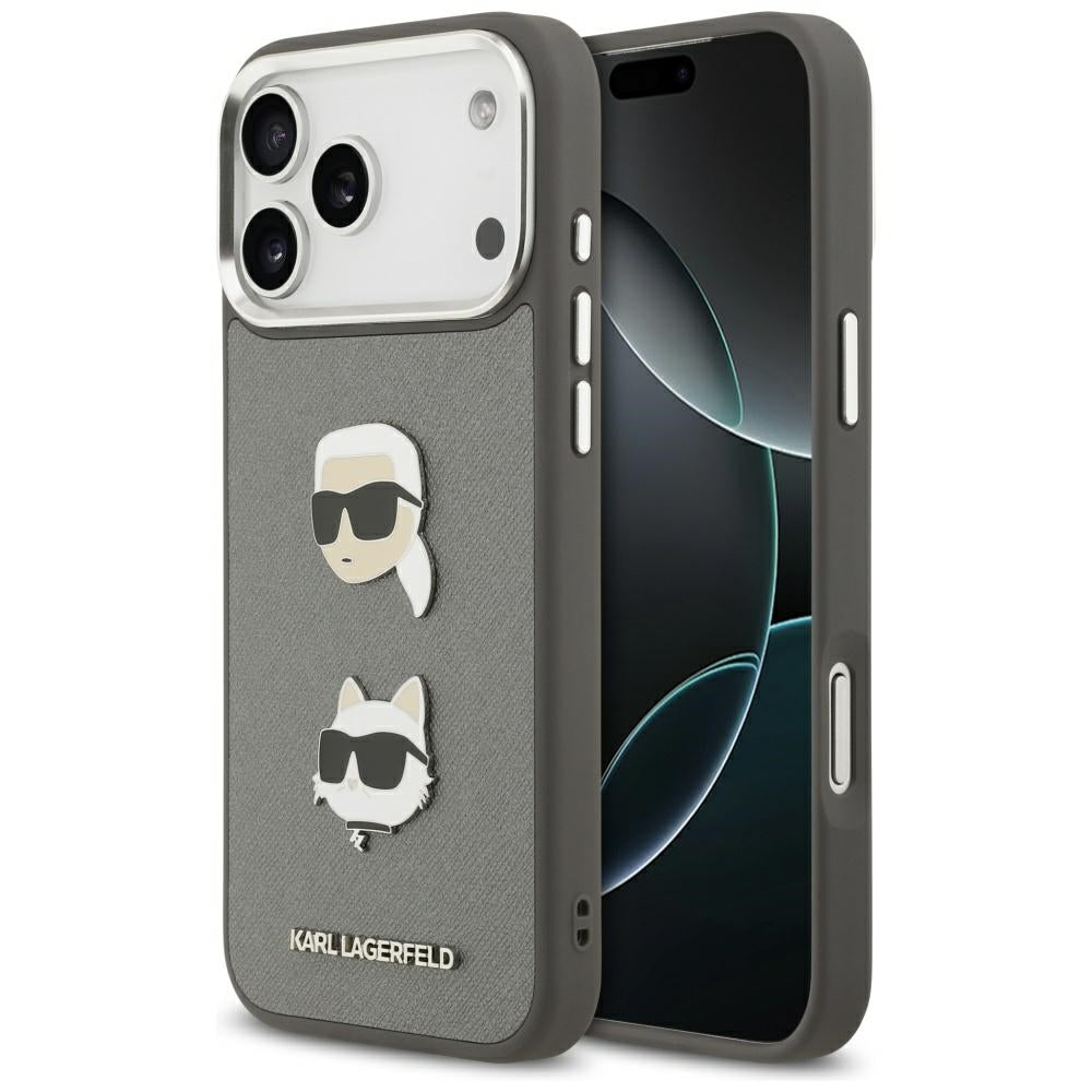 Étui pour Apple iPhone 17 Pro Max, Karl Lagerfeld, Grained Karl & Choupette's Heads Pins and Logo, Gris