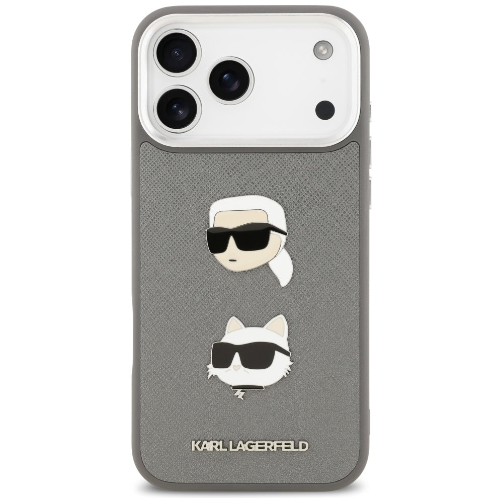 Étui pour Apple iPhone 17 Pro Max, Karl Lagerfeld, Grained Karl & Choupette's Heads Pins and Logo, Gris