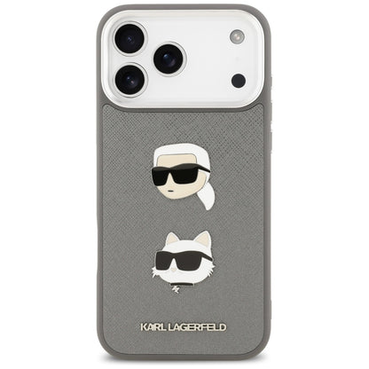 Étui pour Apple iPhone 17 Pro Max, Karl Lagerfeld, Grained Karl & Choupette's Heads Pins and Logo, Gris