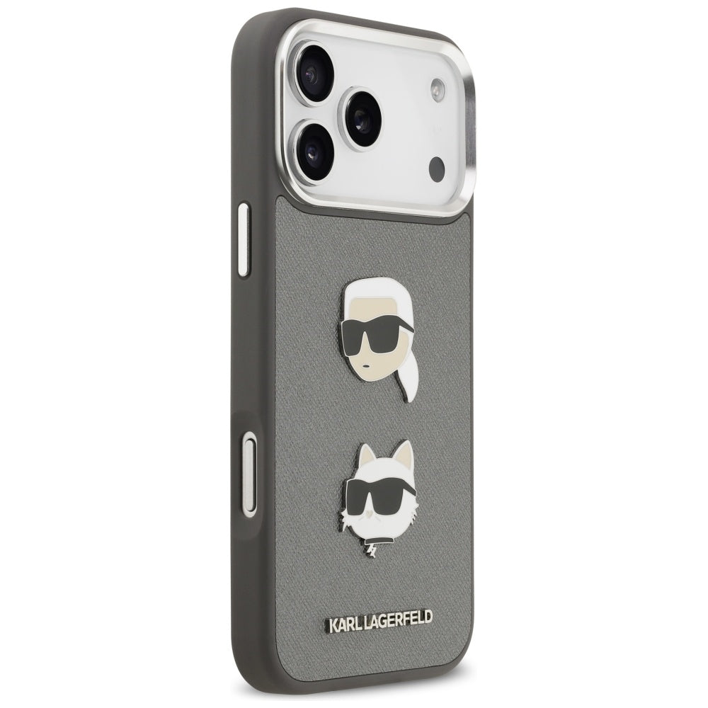 Étui pour Apple iPhone 17 Pro Max, Karl Lagerfeld, Grained Karl & Choupette's Heads Pins and Logo, Gris