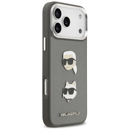 Étui pour Apple iPhone 17 Pro Max, Karl Lagerfeld, Grained Karl & Choupette's Heads Pins and Logo, Gris