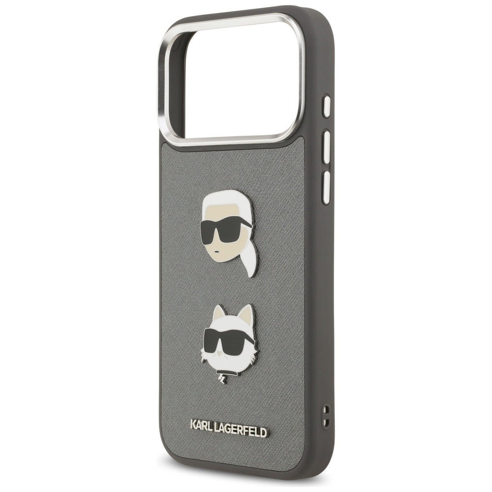 Étui pour Apple iPhone 17 Pro Max, Karl Lagerfeld, Grained Karl & Choupette's Heads Pins and Logo, Gris