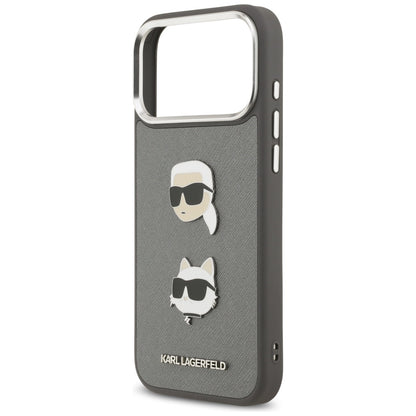 Étui pour Apple iPhone 17 Pro Max, Karl Lagerfeld, Grained Karl & Choupette's Heads Pins and Logo, Gris