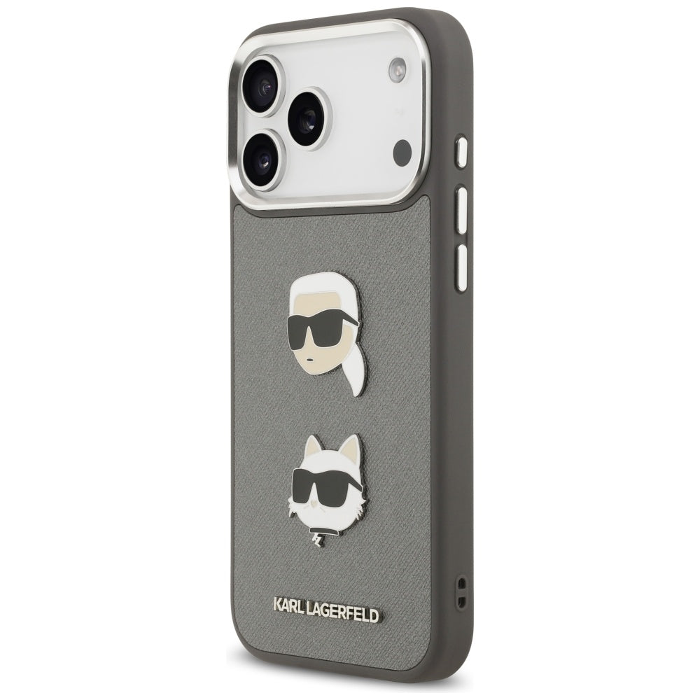 Étui pour Apple iPhone 17 Pro Max, Karl Lagerfeld, Grained Karl & Choupette's Heads Pins and Logo, Gris