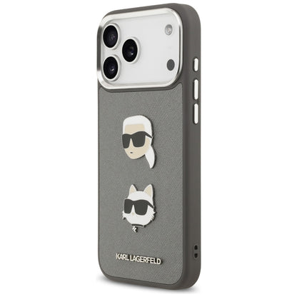 Étui pour Apple iPhone 17 Pro Max, Karl Lagerfeld, Grained Karl & Choupette's Heads Pins and Logo, Gris