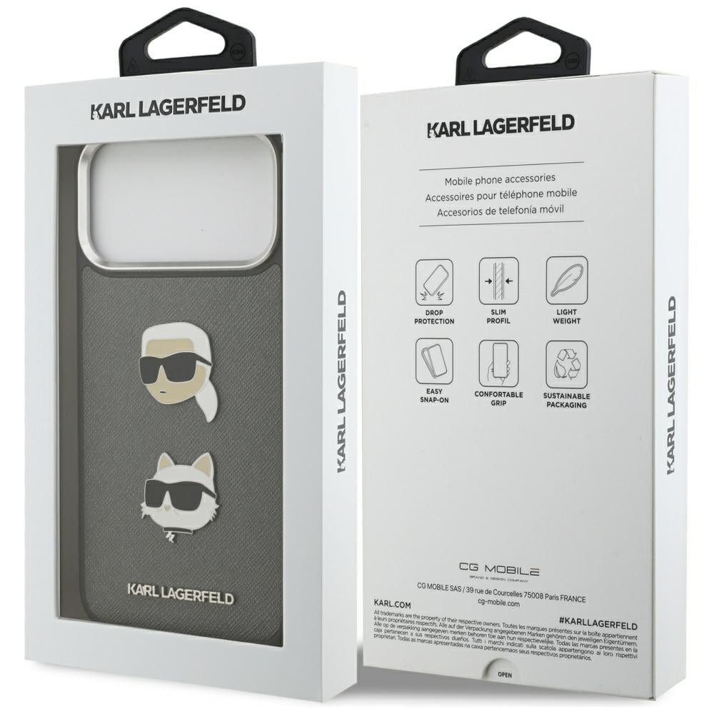 Étui pour Apple iPhone 17 Pro Max, Karl Lagerfeld, Grained Karl & Choupette's Heads Pins and Logo, Gris