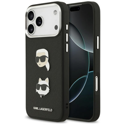 Étui pour Apple iPhone 17 Pro Max, Karl Lagerfeld, Grained Karl & Choupette's Heads Pins and Logo, Noir