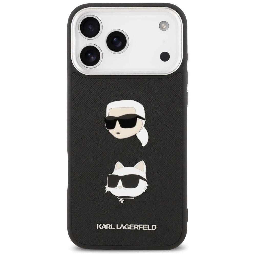 Étui pour Apple iPhone 17 Pro Max, Karl Lagerfeld, Grained Karl & Choupette's Heads Pins and Logo, Noir