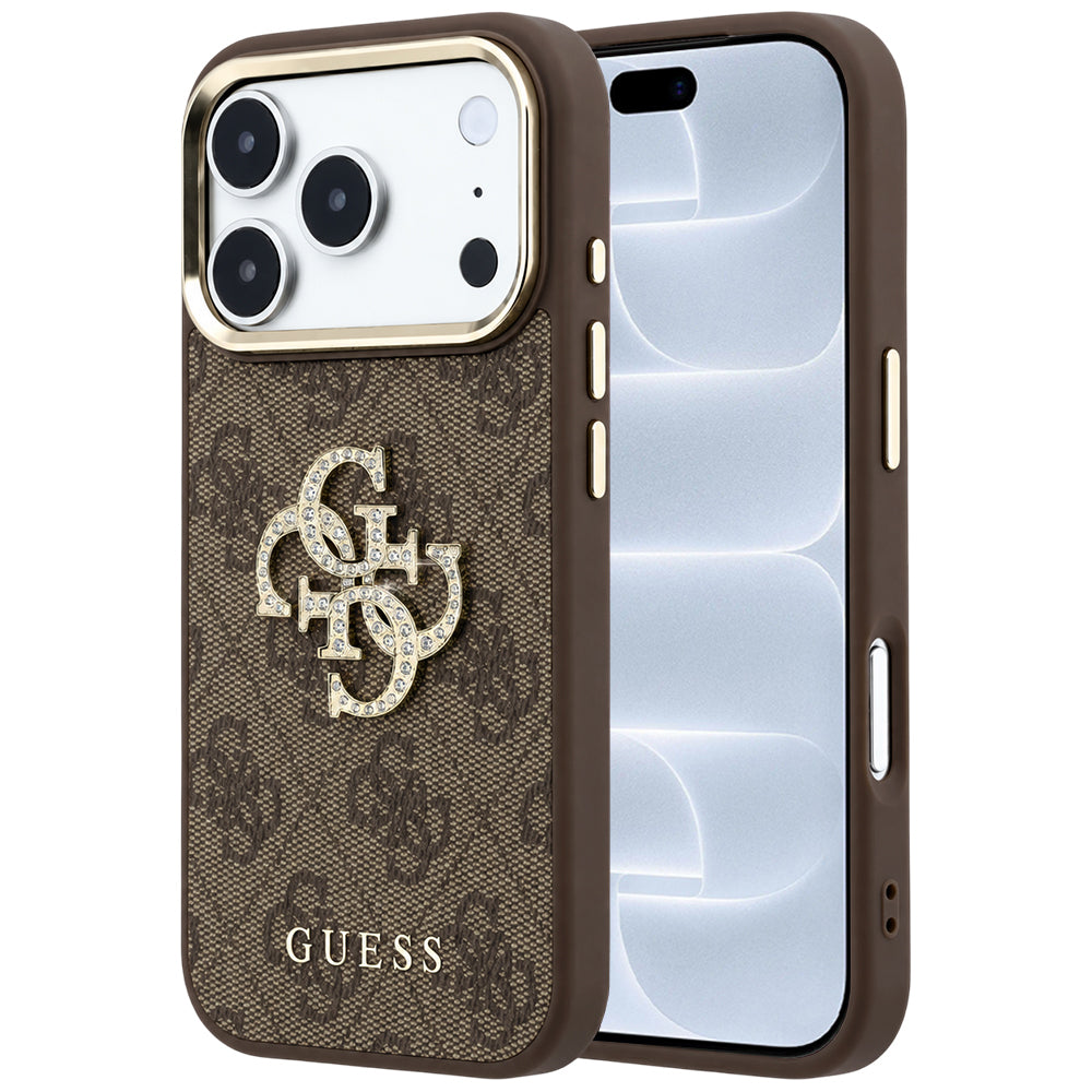 Coque pour Apple iPhone 18 Pro / 17 Pro, Guess, Logo 4G Big Strass, Marron